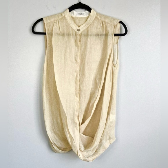 Brunello Cucinelli Size S Soft Yellow Sleeveless Button Down Twist Floral Top.